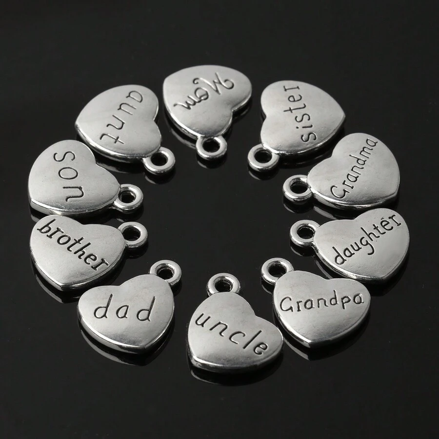 10pcs Charm Alloy Family Member Letter Heart Shape Pendant For DIY Jewelry Making Necklace Bracelet Gifts Accessories - Silver - View 1