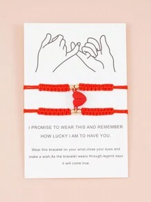 2pcs Simple Creative Alloy Heart Magnetic Clasp Braided Couple Bracelets - Red - View 2