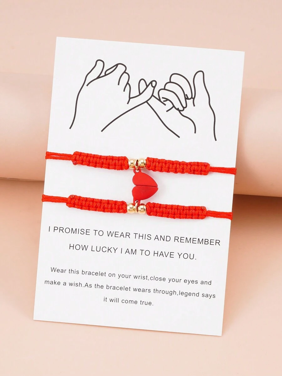 2pcs Simple Creative Alloy Heart Magnetic Clasp Braided Couple Bracelets - Red - View 1