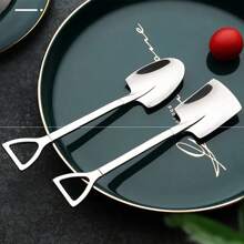 2入組創意鏟子形狀匙羹/不鏽鋼復古甜點匙羹,適用於西瓜/可愛的勺狀匙羹,適用於湯和食品 - 銀色 - 查看 1