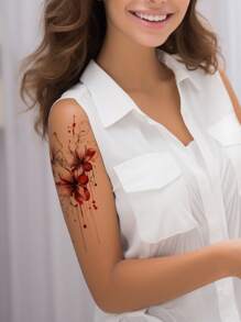 1片紅色花蝴蝶刺青貼紙,防水持久,適用於性感女孩的手臂和大腿 - 彩色 - 查看 2