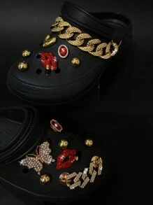 16pcs Detachable Jewelry Accessories For Perforated Shoes, Including Metal Rhinestone Lips ABS Flower-Shaped Ornaments, Suitable For Decoration Buckles Of Perforated Shoes, Sandals And Flip Flops, With Rhinestone Chains - Red - View 5