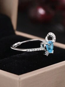 1入組不鏽鋼女性蝴蝶結＆心形戒指,創意、高端＆復古設計,適用於各種場合,如情人節、宴會、婚禮、最好的朋友禮物 - 藍色 - 查看 3