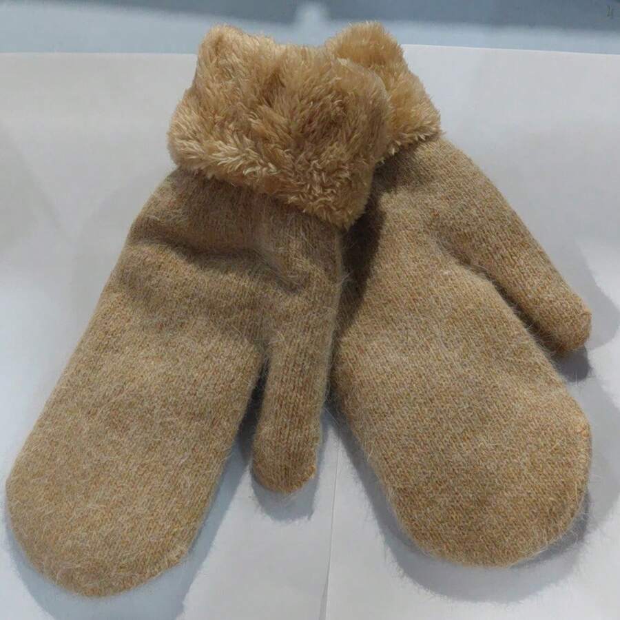 Korean Women Knitted Faux Cashmere Knit Warm Mitten Female Winter Plus Thicken Double Layer Plush Full Finger Driving Gloves - Camel - View 1