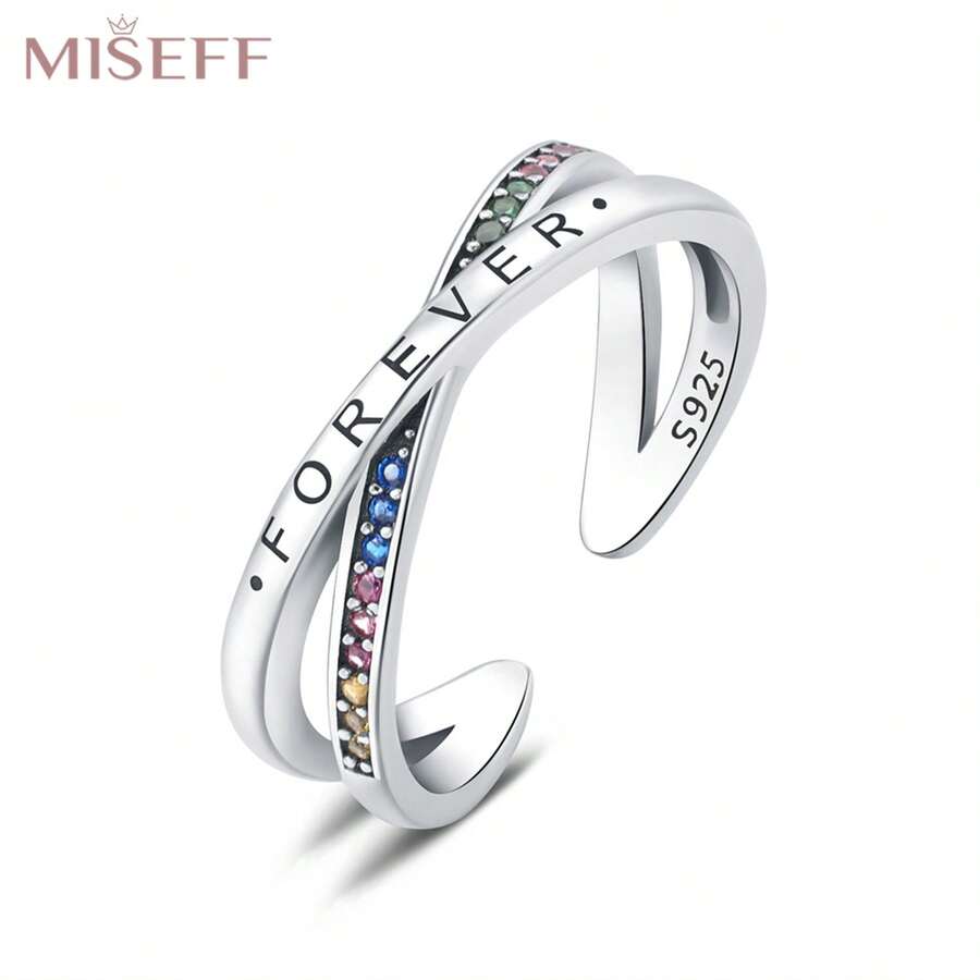 MISEFF 1入組925純銀永恆雙色調可調節開口戒指，時尚耀眼情人節禮物/生日禮物女士 - 銀色 - 查看 1
