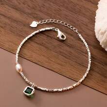 European And American Hot Style! S925 Sterling Silver Sparkling Cauliflower Chain Bracelet With Green Gemstone And Large Pearl Decor, Luxurious And High-End - Silver - View 1