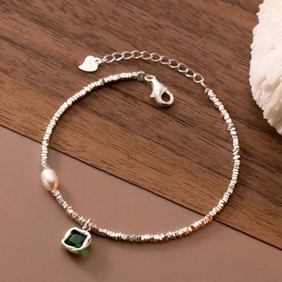 European And American Hot Style! S925 Sterling Silver Sparkling Cauliflower Chain Bracelet With Green Gemstone And Large Pearl Decor, Luxurious And High-End - Silver - View 1