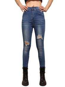 Pantalón jeans Azul rasgado de mezclilla estilo skinny para mujer - Azul - Ver 2