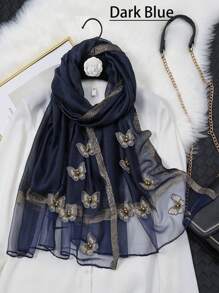 1入組女士豪華絲綢與針織混紡刺繡珠片蝴蝶圍巾，新款時尚透氣遮陽披肩，適用於春夏秋季 - 彩色 - 查看 4