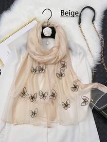 1入組女士豪華絲綢與針織混紡刺繡珠片蝴蝶圍巾，新款時尚透氣遮陽披肩，適用於春夏秋季 - 彩色 - 查看 9