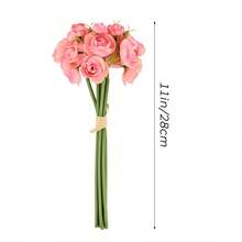 Artificial Bouquet With 7 Stems Of Tea Rose For Bridesmaid And Wedding Centerpiece/ Table Decoration, Romantic Vintage Floral Decor - Hot Pink - View 2