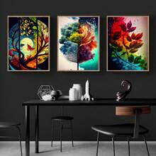 Set Of 3 Cartoon Colored Scenery & Plants & Tree Leaves Poster Canvas Painting Without Frame For Bedroom, Living Room, Study Room, Office, Entertainment Room, Cafe, Restaurant, Hotel Wall Decoration - Multicolor - View 1