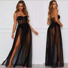 Vestido Largo Transparente Salida Playa Sexy Para Mujer - Negro - Ver 3