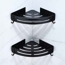 2 Piezas Estanteria Ducha para Baño, repisa baño sin Taladro, con 4 Ganchos de Estantes de Esquina de baño, Accesorios para Baño Aluminio - Negro - Ver 2