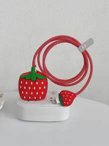 4入組可愛的卡通草莓和蘋果設計充電盒和充電器連接器保護套，兼容蘋果18/20w充電器和充電線，防刮花、防污、防撞 - 紅色 - 查看 2