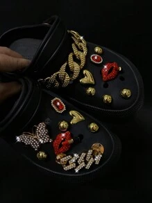 16pcs Detachable Jewelry Accessories For Perforated Shoes, Including Metal Rhinestone Lips ABS Flower-Shaped Ornaments, Suitable For Decoration Buckles Of Perforated Shoes, Sandals And Flip Flops, With Rhinestone Chains - Red - View 2