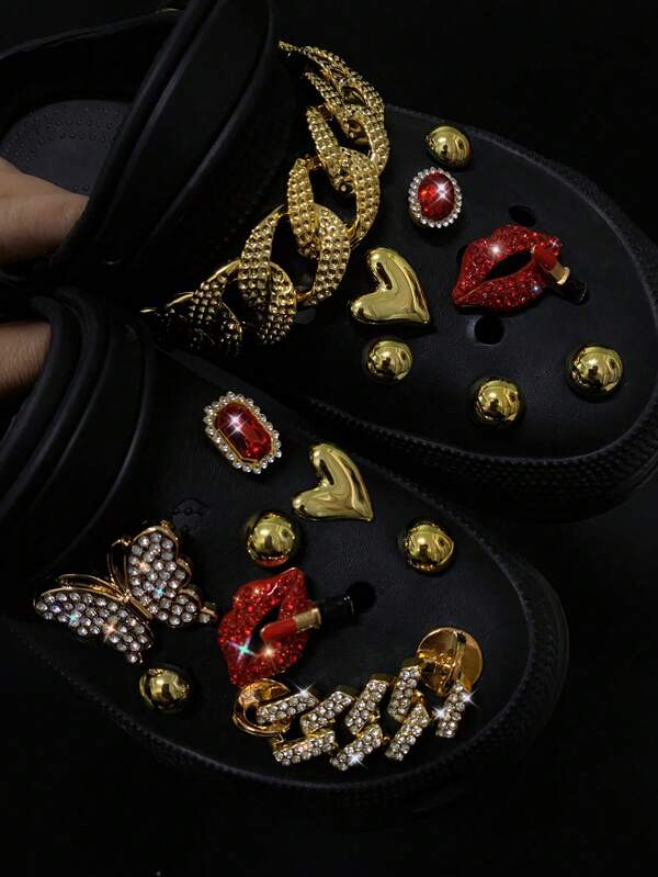 16pcs Detachable Jewelry Accessories For Perforated Shoes, Including Metal Rhinestone Lips ABS Flower-Shaped Ornaments, Suitable For Decoration Buckles Of Perforated Shoes, Sandals And Flip Flops, With Rhinestone Chains