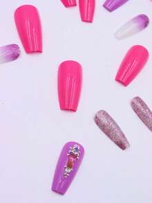 24 件裝優雅閃亮粉色梯形鑲鑽耐磨假指甲,適合日常和特殊場合 - 粉色 - 查看 4