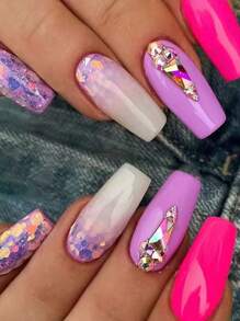 24 件裝優雅閃亮粉色梯形鑲鑽耐磨假指甲,適合日常和特殊場合 - 粉色 - 查看 1