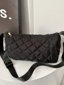 1pc Fashionable Diamond Pattern Down-Filled Bag For Teenage Girls, Simple Dumpling-Shaped Crossbody Shoulder Handbag With Large Capacity For Daily Activities - Black - View 1