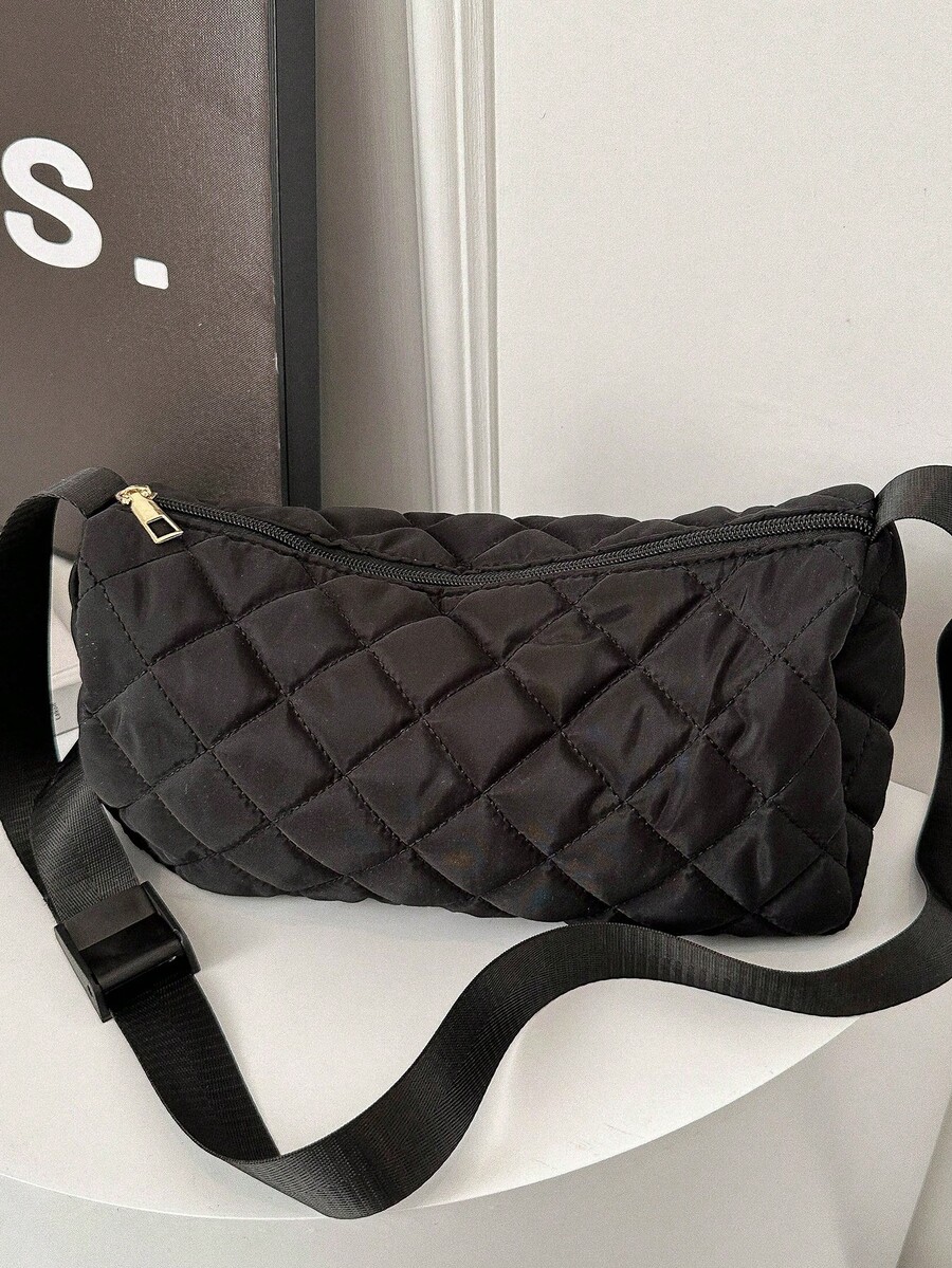 1pc Fashionable Diamond Pattern Down-Filled Bag For Teenage Girls, Simple Dumpling-Shaped Crossbody Shoulder Handbag With Large Capacity For Daily Activities - Black - View 1