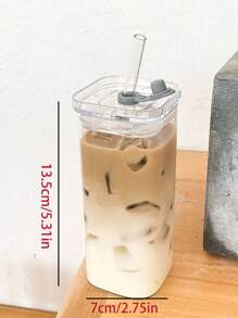 1入/2入組400ml玻璃杯帶蓋帶吸管，扁底，適用於咖啡、奶茶，家用杯，可加熱 - 卡其色 - 查看 3