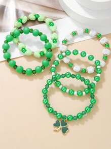 5 Unids/set Conjunto De Pulsera Con Cuentas De Trébol Verde Simple - Verde - Ver 2