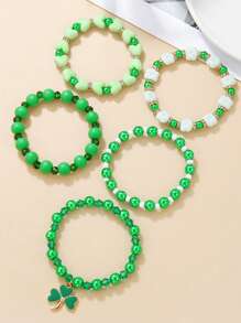 5 Unids/set Conjunto De Pulsera Con Cuentas De Trébol Verde Simple - Verde - Ver 3
