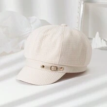 1頂女性卡其貝雷帽,帽沿和皮質標籤扣,時尚百搭 - 米色 - 查看 1