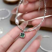 European And American Hot Style! S925 Sterling Silver Sparkling Cauliflower Chain Bracelet With Green Gemstone And Large Pearl Decor, Luxurious And High-End - Silver - View 4