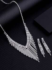 Women's Fashionable Party Rhinestone Decorated Evening Bag, Clutch, Purse With Full Diamond Clasp Chain Fringe Bracelet, Earrings And Necklace 4 In 1 Set For Prom - Silver - View 4