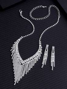 Women's Fashionable Party Rhinestone Decorated Evening Bag, Clutch, Purse With Full Diamond Clasp Chain Fringe Bracelet, Earrings And Necklace 4 In 1 Set For Prom - Silver - View 2