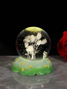1pc Cat & Rose & Crystal Ball With Led Base Table Night Light Decoration, Starry Sky Glass Ball Ornament Gift For Girlfriend - Green - View 2