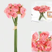 Artificial Bouquet With 7 Stems Of Tea Rose For Bridesmaid And Wedding Centerpiece/ Table Decoration, Romantic Vintage Floral Decor - Hot Pink - View 4