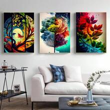Set Of 3 Cartoon Colored Scenery & Plants & Tree Leaves Poster Canvas Painting Without Frame For Bedroom, Living Room, Study Room, Office, Entertainment Room, Cafe, Restaurant, Hotel Wall Decoration - Multicolor - View 2