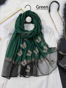 1入組女士豪華絲綢與針織混紡刺繡珠片蝴蝶圍巾，新款時尚透氣遮陽披肩，適用於春夏秋季 - 彩色 - 查看 12