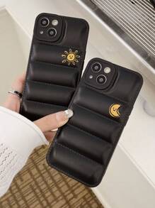 1pair Sun & Moon Patterned Black Couple Camera Lens Protection 3d Puff Jacket Design Phone Case, Compatible With Iphone (2pcs) - Multicolor - View 1