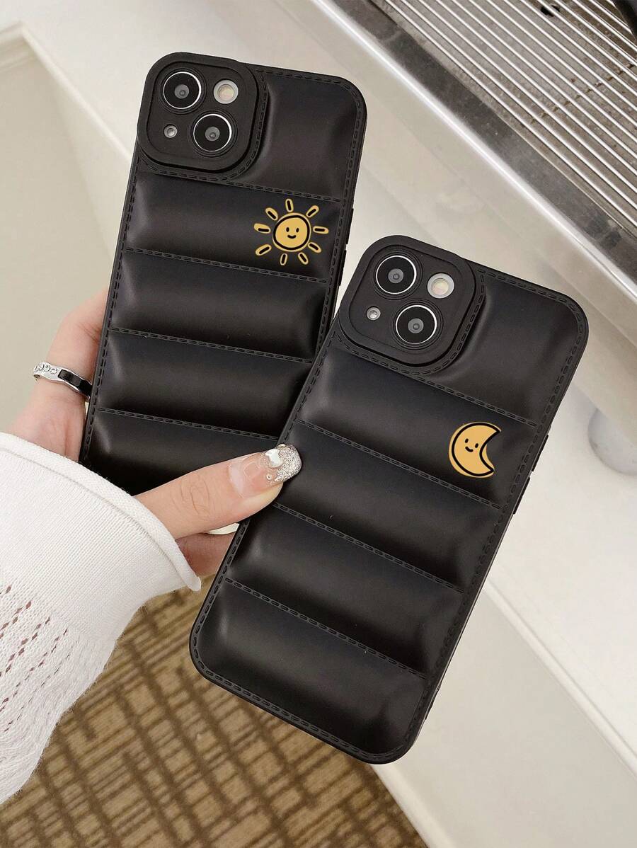 1pair Sun & Moon Patterned Black Couple Camera Lens Protection 3d Puff Jacket Design Phone Case, Compatible With Iphone (2pcs) - Multicolor - View 1