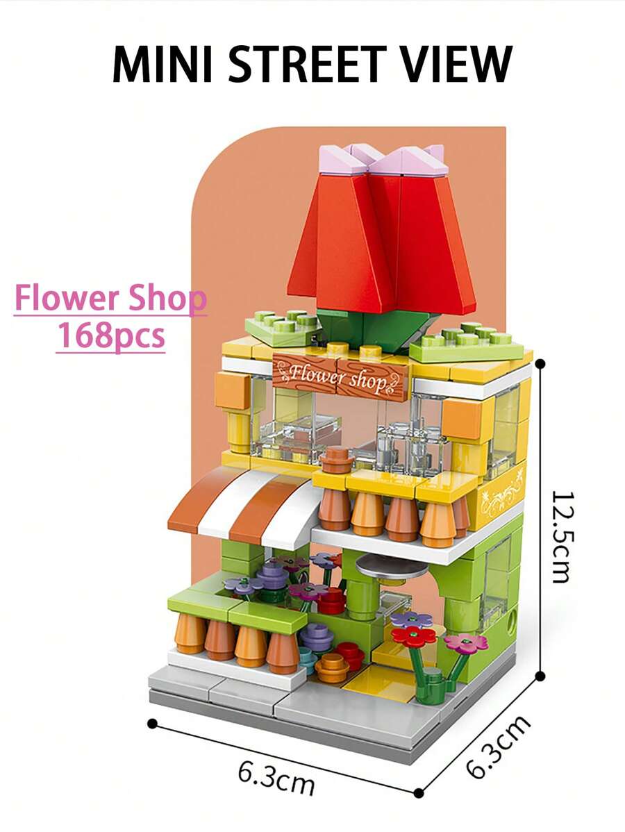 168pcs Flower Shop Theme Children Building Blocks Set Mini Simulation City Street Scene Small Particle Model, Handheld Puzzle Toy, Gift For Boys And Girls - Orange - View 1
