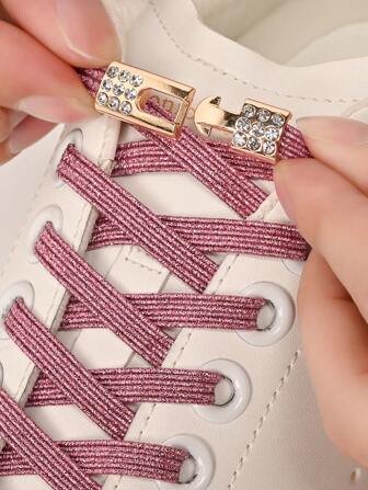 1 Par De Cordones Sin Nudo Con Hebilla De Diamante, Cordones Elásticos De Moda Con Brillo De Perla, Adecuados Para Zapatillas Y Zapatos Deportivos