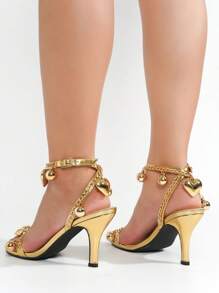 Women's  Metallic Chain Hearts High Heels - Single Round Toe Metallic/Holo High Heel For Friday Nights - 金色 - 查看 5