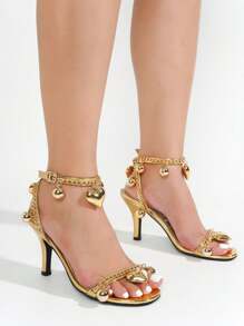 Women's  Metallic Chain Hearts High Heels - Single Round Toe Metallic/Holo High Heel For Friday Nights - 金色 - 查看 2