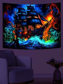 1入組/個海洋船舶設計桃皮絨黑光掛毯牆掛,適用於客廳、臥室、宿舍的家居裝飾。附搭配免費配件,方便拆掛 - 彩色 - 查看 3