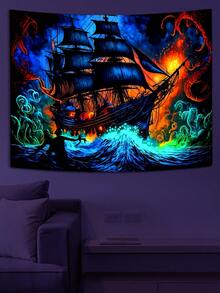 1入組/個海洋船舶設計桃皮絨黑光掛毯牆掛,適用於客廳、臥室、宿舍的家居裝飾。附搭配免費配件,方便拆掛 - 彩色 - 查看 1