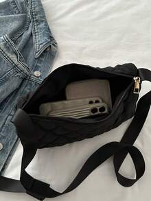 1pc Fashionable Diamond Pattern Down-Filled Bag For Teenage Girls, Simple Dumpling-Shaped Crossbody Shoulder Handbag With Large Capacity For Daily Activities - Black - View 6