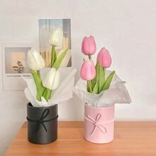 1入組鬱金香人造花束,附塑料桶、產品包裝紙和手提袋,適用於周年慶、情人節、生日和家居裝飾 - 粉色 - 查看 4