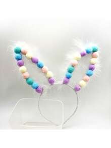 1pc New White Feather & Multicolor Pom Pom & Rabbit Ears Shaped Hairband For Decoration - White - View 6