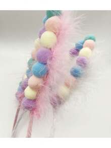 1pc New White Feather & Multicolor Pom Pom & Rabbit Ears Shaped Hairband For Decoration - White - View 5