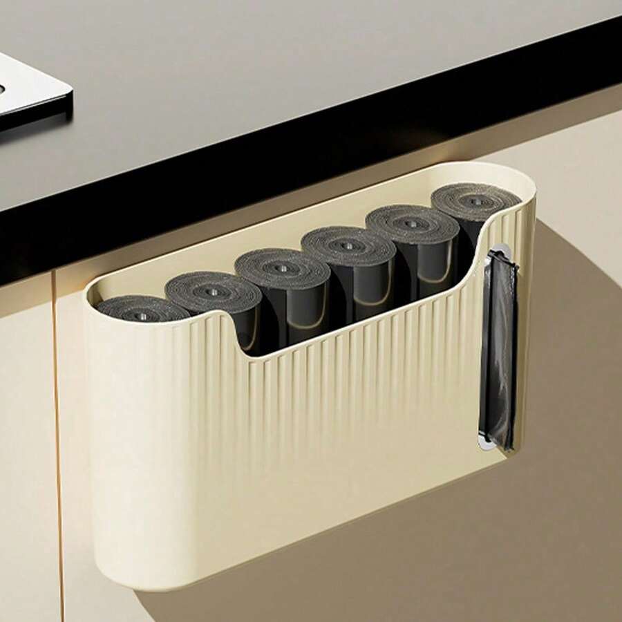 1pc Kitchen Garbage Bag Wall-Mounted Plastic Bag Storage Box & Holder - White - View 1