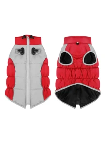 1pc Elastic Waist Reflective Pet Winter Padded Coat, Dogs Coat Vest For Windproof & Keeping Warm, Splicing Color - Black - View 4